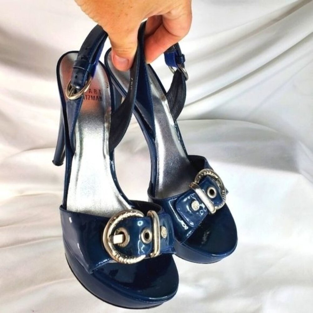 Stuart Weitzman blue patent leather buckle slingback platform shoes heel  7.5 - Picture 2 of 14